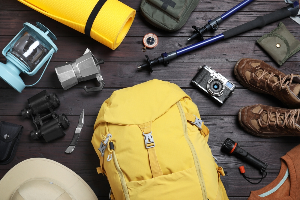 Flatlay image of various camping gear