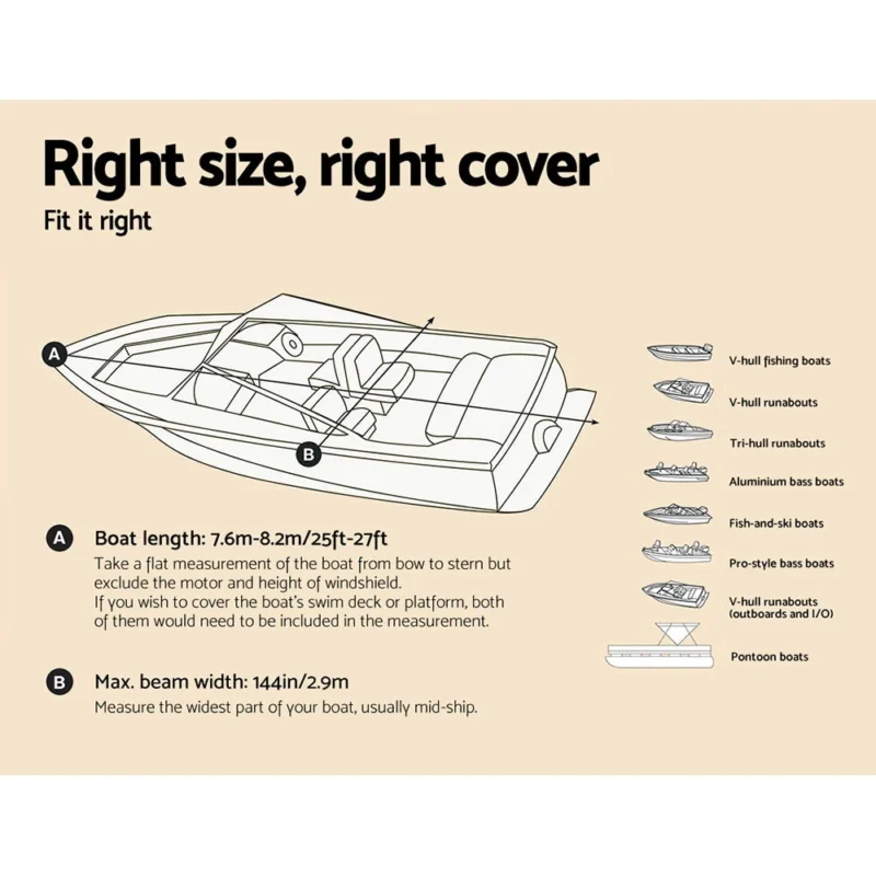 Boat Cover for Centre Console measurement example for 25-27ft